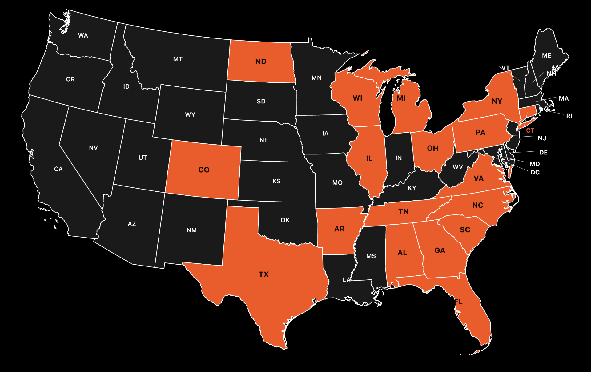 Map of the United States showing 19 states where Bessolo Design Group is licensed